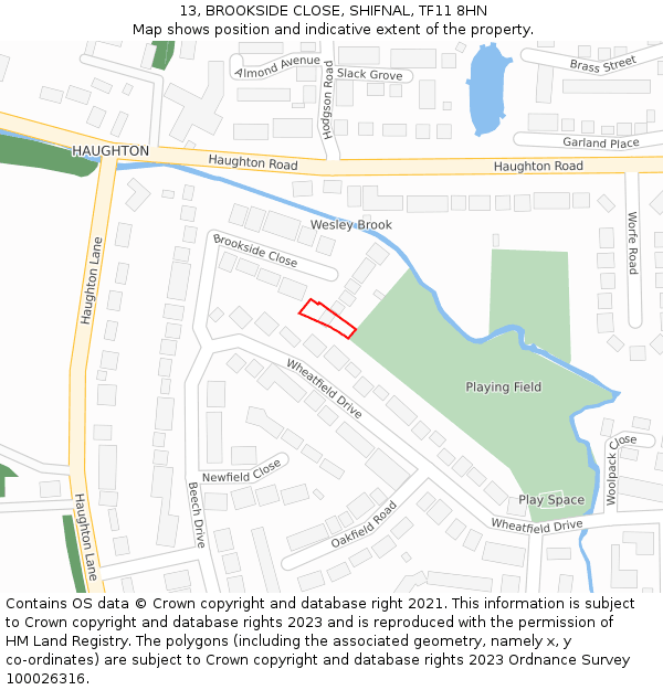 13, BROOKSIDE CLOSE, SHIFNAL, TF11 8HN: Location map and indicative extent of plot