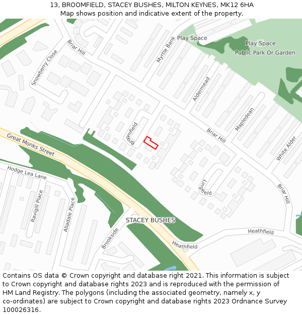 13, BROOMFIELD, STACEY BUSHES, MILTON KEYNES, MK12 6HA: Location map and indicative extent of plot