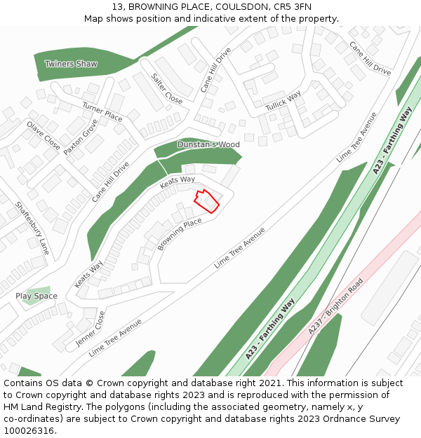 13, BROWNING PLACE, COULSDON, CR5 3FN: Location map and indicative extent of plot