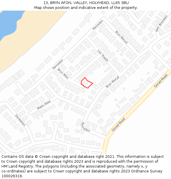 13, BRYN AFON, VALLEY, HOLYHEAD, LL65 3BU: Location map and indicative extent of plot