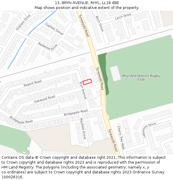 13, BRYN AVENUE, RHYL, LL18 4BE: Location map and indicative extent of plot