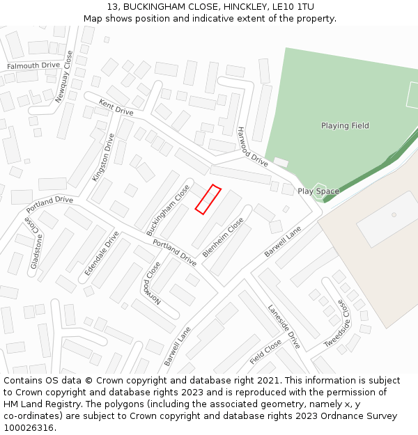 13, BUCKINGHAM CLOSE, HINCKLEY, LE10 1TU: Location map and indicative extent of plot