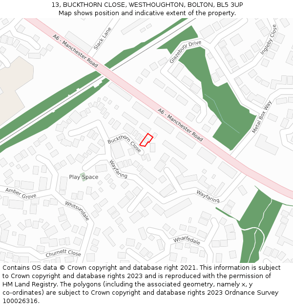 13, BUCKTHORN CLOSE, WESTHOUGHTON, BOLTON, BL5 3UP: Location map and indicative extent of plot