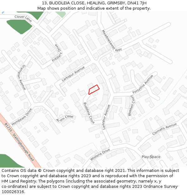 13, BUDDLEIA CLOSE, HEALING, GRIMSBY, DN41 7JH: Location map and indicative extent of plot