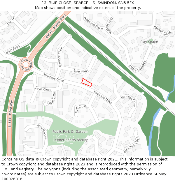 13, BUIE CLOSE, SPARCELLS, SWINDON, SN5 5FX: Location map and indicative extent of plot