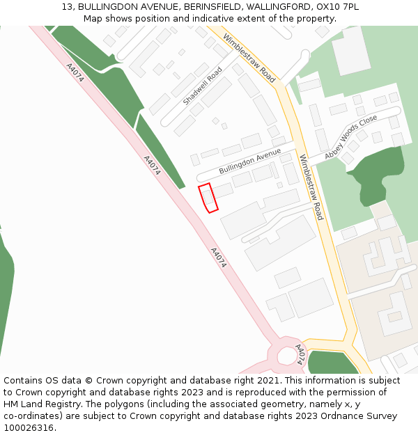 13, BULLINGDON AVENUE, BERINSFIELD, WALLINGFORD, OX10 7PL: Location map and indicative extent of plot