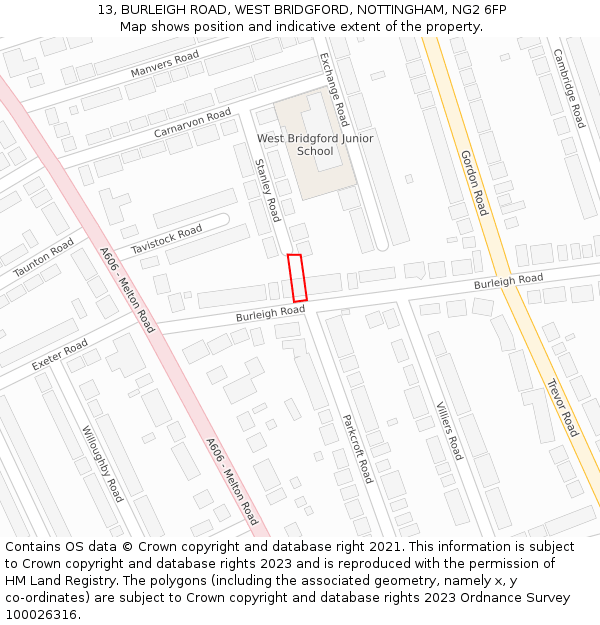 13, BURLEIGH ROAD, WEST BRIDGFORD, NOTTINGHAM, NG2 6FP: Location map and indicative extent of plot