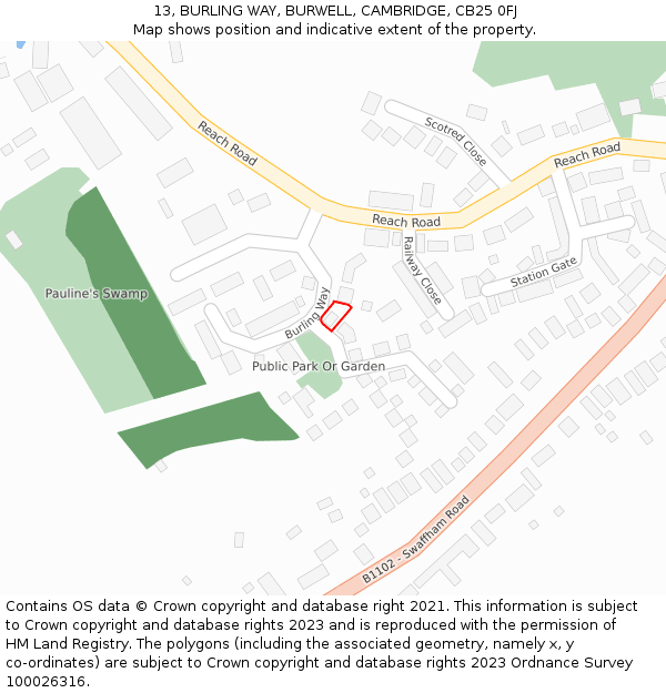 13, BURLING WAY, BURWELL, CAMBRIDGE, CB25 0FJ: Location map and indicative extent of plot