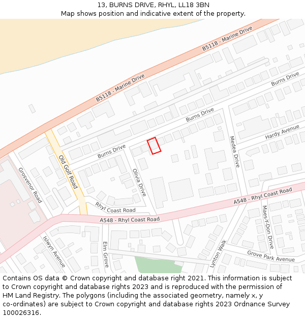 13, BURNS DRIVE, RHYL, LL18 3BN: Location map and indicative extent of plot