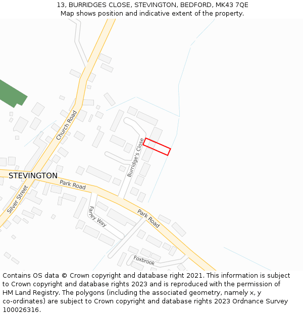 13, BURRIDGES CLOSE, STEVINGTON, BEDFORD, MK43 7QE: Location map and indicative extent of plot