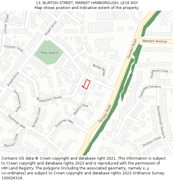 13, BURTON STREET, MARKET HARBOROUGH, LE16 9GY: Location map and indicative extent of plot