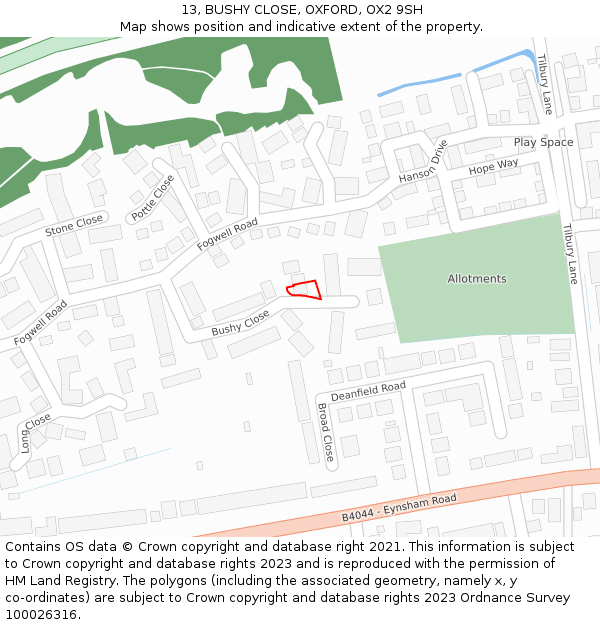 13, BUSHY CLOSE, OXFORD, OX2 9SH: Location map and indicative extent of plot