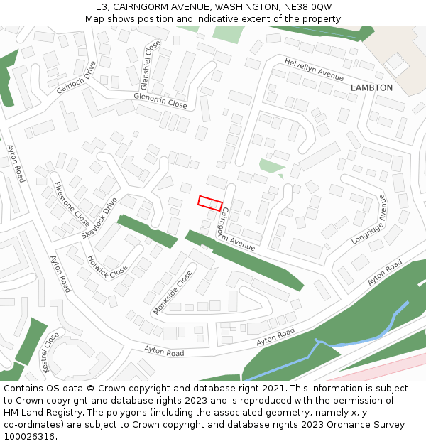 13, CAIRNGORM AVENUE, WASHINGTON, NE38 0QW: Location map and indicative extent of plot