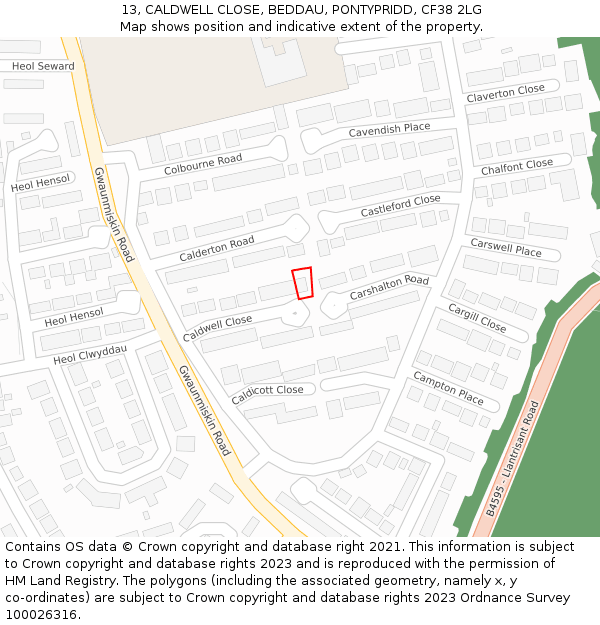 13, CALDWELL CLOSE, BEDDAU, PONTYPRIDD, CF38 2LG: Location map and indicative extent of plot