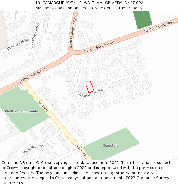 13, CAMARGUE AVENUE, WALTHAM, GRIMSBY, DN37 0PA: Location map and indicative extent of plot