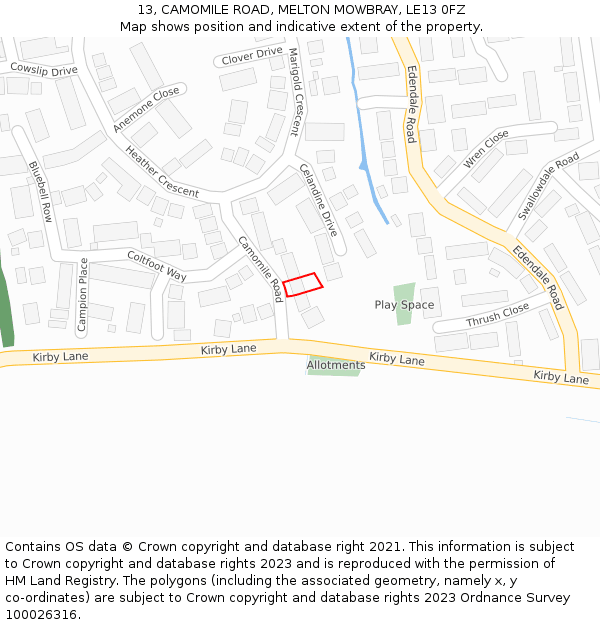 13, CAMOMILE ROAD, MELTON MOWBRAY, LE13 0FZ: Location map and indicative extent of plot