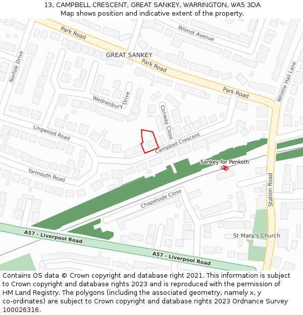 13, CAMPBELL CRESCENT, GREAT SANKEY, WARRINGTON, WA5 3DA: Location map and indicative extent of plot