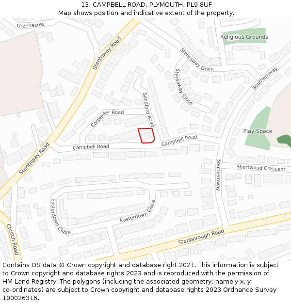 13, CAMPBELL ROAD, PLYMOUTH, PL9 8UF: Location map and indicative extent of plot