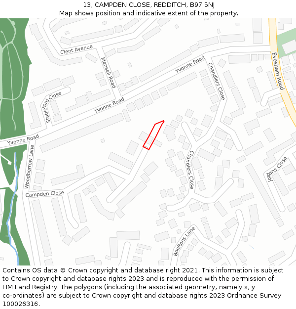 13, CAMPDEN CLOSE, REDDITCH, B97 5NJ: Location map and indicative extent of plot