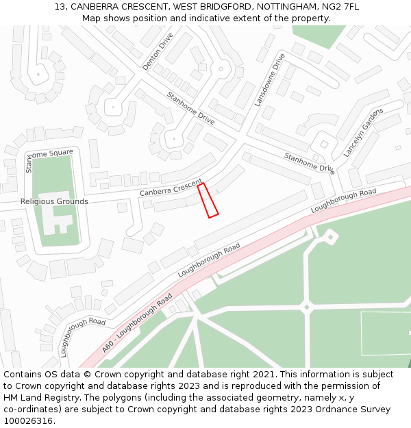 13, CANBERRA CRESCENT, WEST BRIDGFORD, NOTTINGHAM, NG2 7FL: Location map and indicative extent of plot