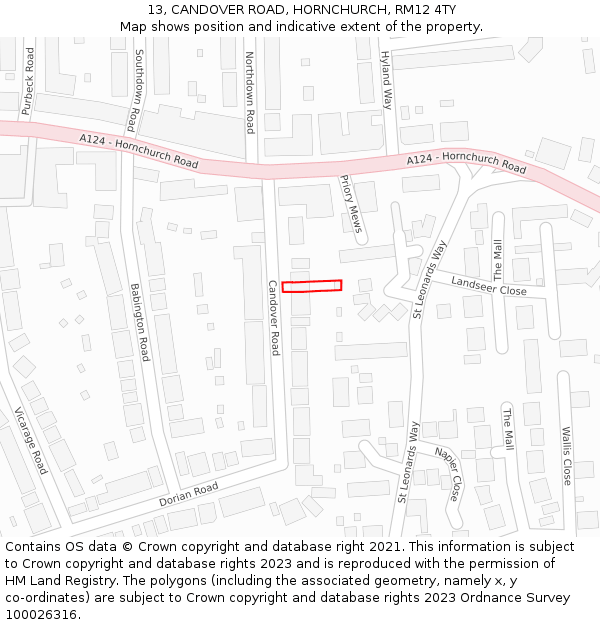 13, CANDOVER ROAD, HORNCHURCH, RM12 4TY: Location map and indicative extent of plot