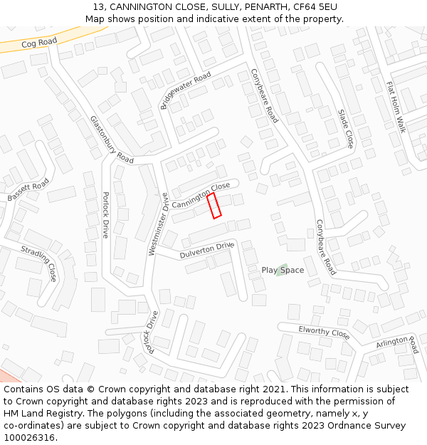 13, CANNINGTON CLOSE, SULLY, PENARTH, CF64 5EU: Location map and indicative extent of plot