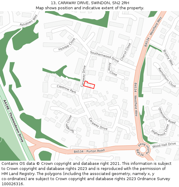 13, CARAWAY DRIVE, SWINDON, SN2 2RH: Location map and indicative extent of plot