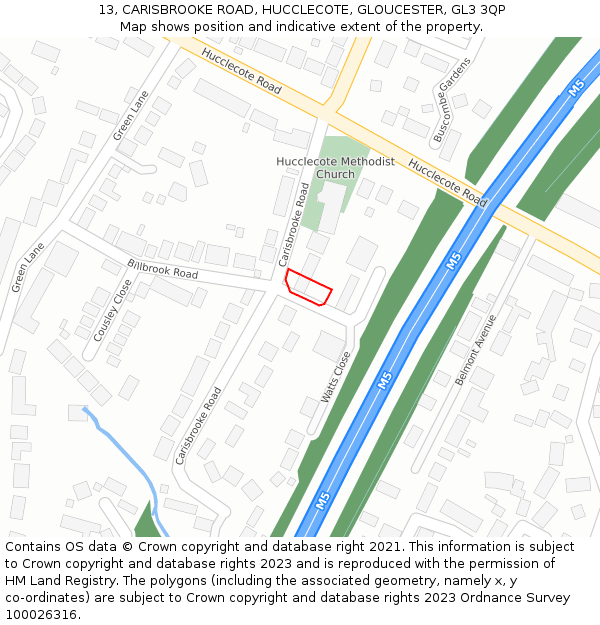 13, CARISBROOKE ROAD, HUCCLECOTE, GLOUCESTER, GL3 3QP: Location map and indicative extent of plot
