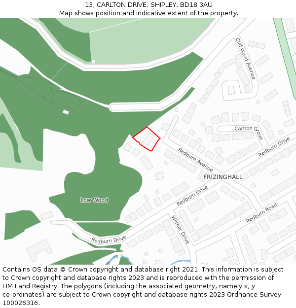 13, CARLTON DRIVE, SHIPLEY, BD18 3AU: Location map and indicative extent of plot