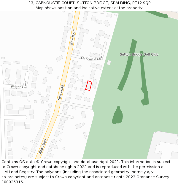 13, CARNOUSTIE COURT, SUTTON BRIDGE, SPALDING, PE12 9QP: Location map and indicative extent of plot