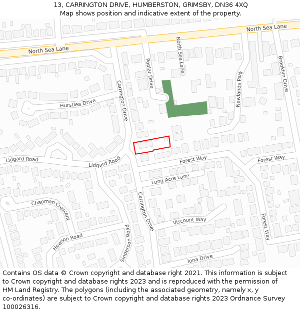 13, CARRINGTON DRIVE, HUMBERSTON, GRIMSBY, DN36 4XQ: Location map and indicative extent of plot