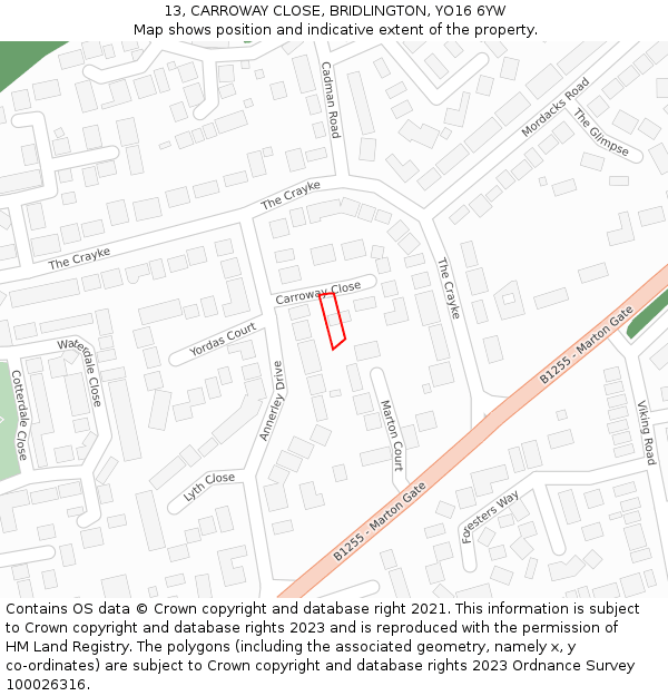 13, CARROWAY CLOSE, BRIDLINGTON, YO16 6YW: Location map and indicative extent of plot