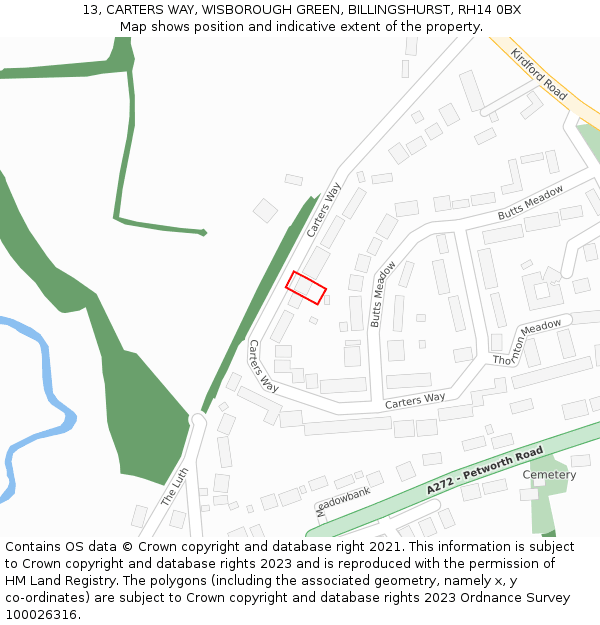 13, CARTERS WAY, WISBOROUGH GREEN, BILLINGSHURST, RH14 0BX: Location map and indicative extent of plot