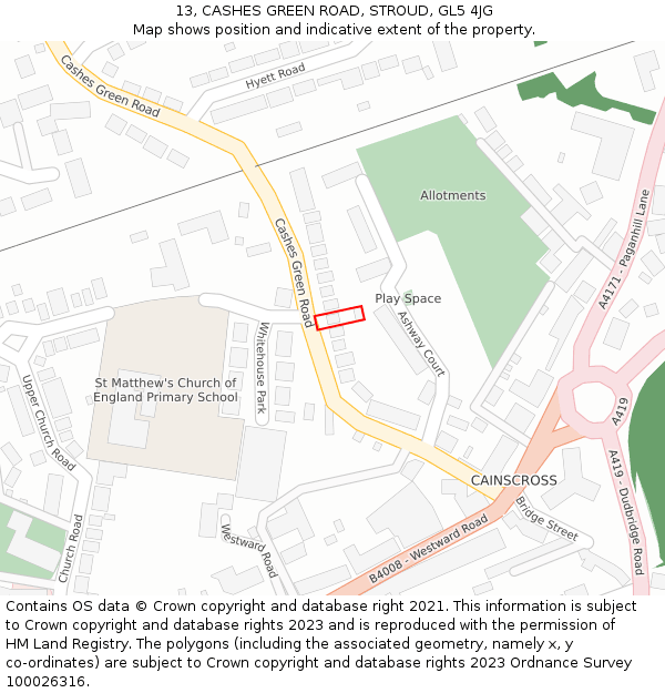 13, CASHES GREEN ROAD, STROUD, GL5 4JG: Location map and indicative extent of plot