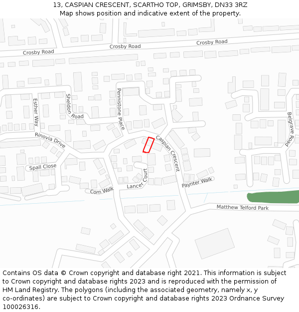 13, CASPIAN CRESCENT, SCARTHO TOP, GRIMSBY, DN33 3RZ: Location map and indicative extent of plot