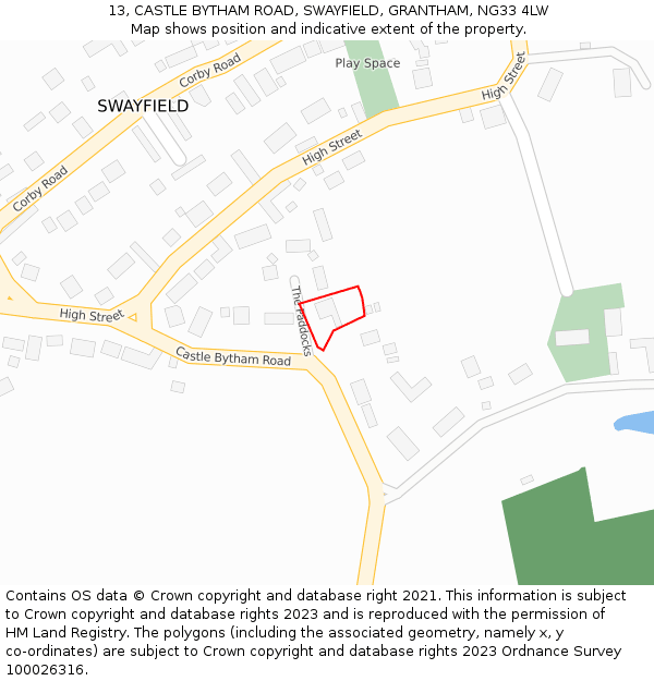 13, CASTLE BYTHAM ROAD, SWAYFIELD, GRANTHAM, NG33 4LW: Location map and indicative extent of plot