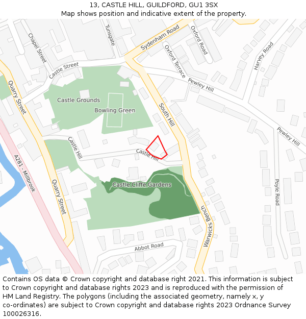 13, CASTLE HILL, GUILDFORD, GU1 3SX: Location map and indicative extent of plot