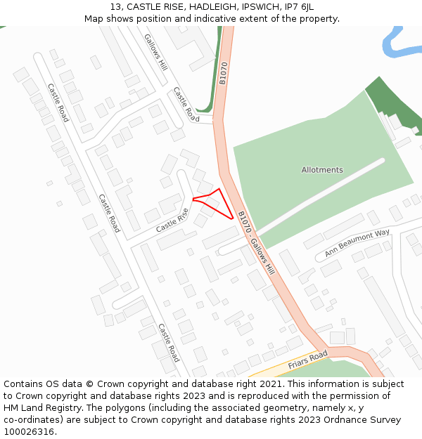 13, CASTLE RISE, HADLEIGH, IPSWICH, IP7 6JL: Location map and indicative extent of plot