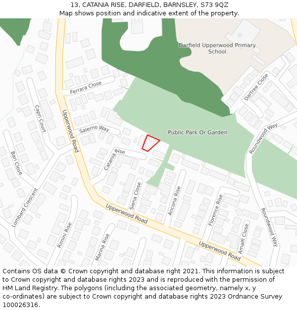 13, CATANIA RISE, DARFIELD, BARNSLEY, S73 9QZ: Location map and indicative extent of plot