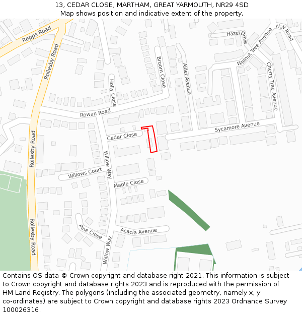 13, CEDAR CLOSE, MARTHAM, GREAT YARMOUTH, NR29 4SD: Location map and indicative extent of plot