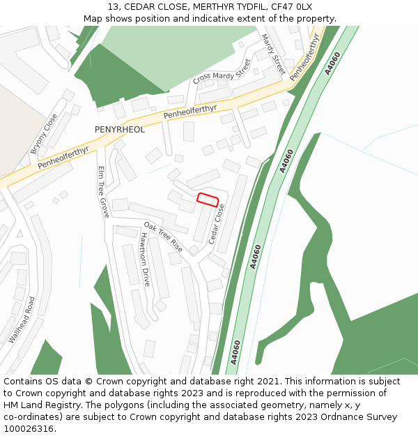 13, CEDAR CLOSE, MERTHYR TYDFIL, CF47 0LX: Location map and indicative extent of plot
