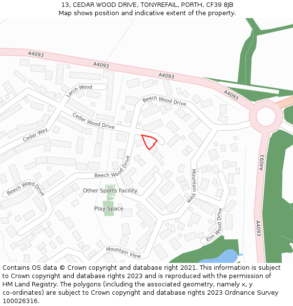 13, CEDAR WOOD DRIVE, TONYREFAIL, PORTH, CF39 8JB: Location map and indicative extent of plot