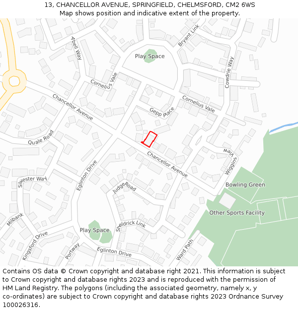 13, CHANCELLOR AVENUE, SPRINGFIELD, CHELMSFORD, CM2 6WS: Location map and indicative extent of plot