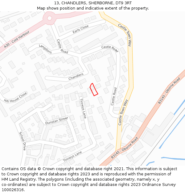 13, CHANDLERS, SHERBORNE, DT9 3RT: Location map and indicative extent of plot