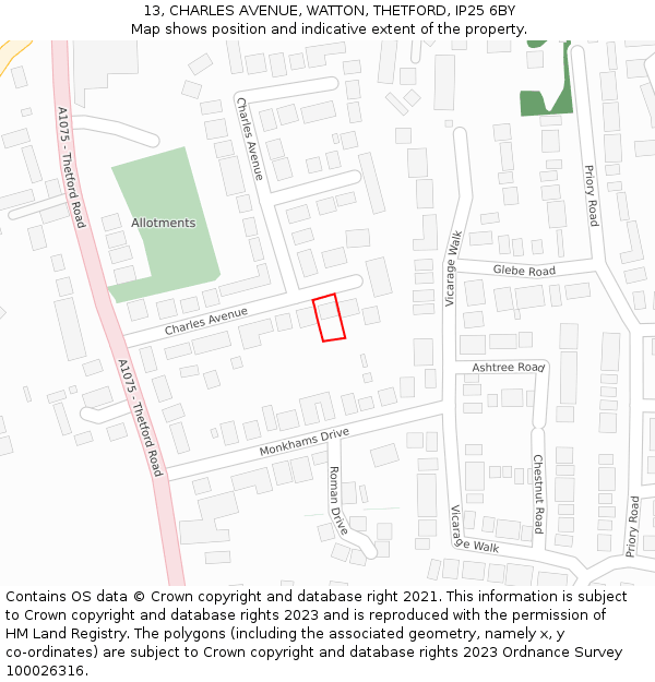 13, CHARLES AVENUE, WATTON, THETFORD, IP25 6BY: Location map and indicative extent of plot