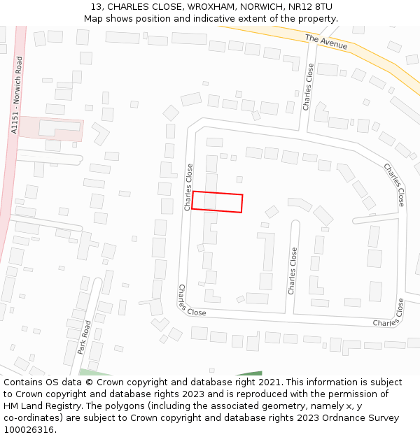 13, CHARLES CLOSE, WROXHAM, NORWICH, NR12 8TU: Location map and indicative extent of plot