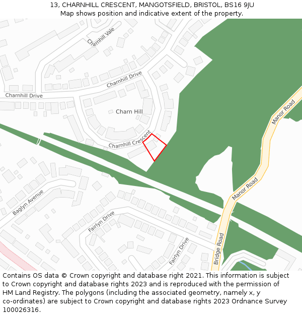 13, CHARNHILL CRESCENT, MANGOTSFIELD, BRISTOL, BS16 9JU: Location map and indicative extent of plot