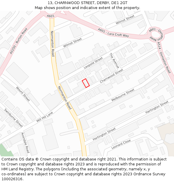 13, CHARNWOOD STREET, DERBY, DE1 2GT: Location map and indicative extent of plot