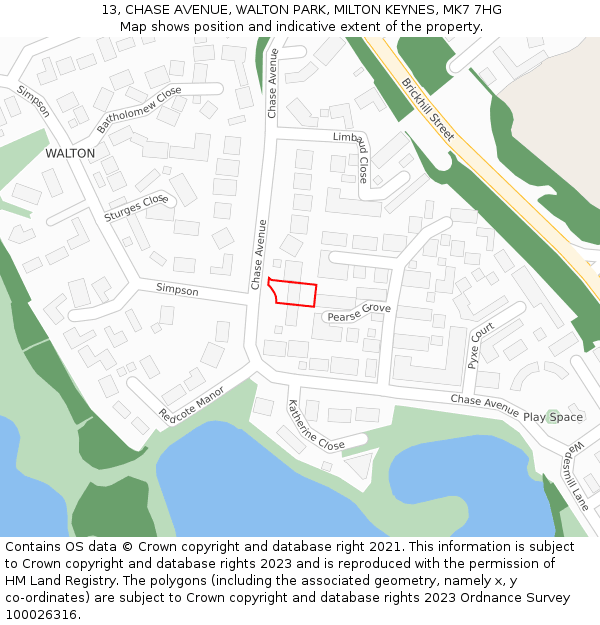 13, CHASE AVENUE, WALTON PARK, MILTON KEYNES, MK7 7HG: Location map and indicative extent of plot