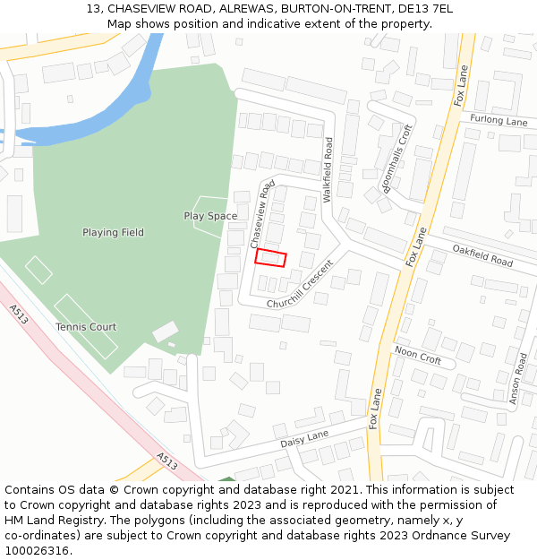 13, CHASEVIEW ROAD, ALREWAS, BURTON-ON-TRENT, DE13 7EL: Location map and indicative extent of plot